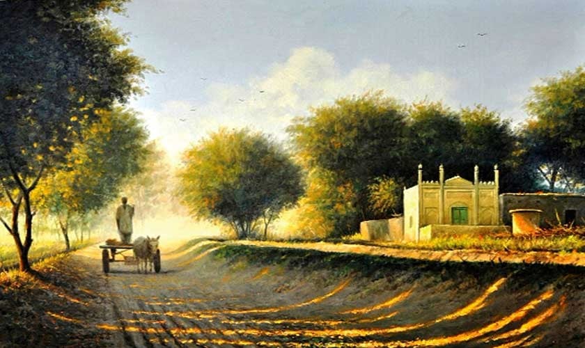 A serene rural landscape with a man riding a bullock cart under golden sunlight, showcasing contemporary paintings in Pakistan.