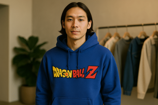a anime lover wearing dragon ball z hoodie to define trends in 2025 of this jacket