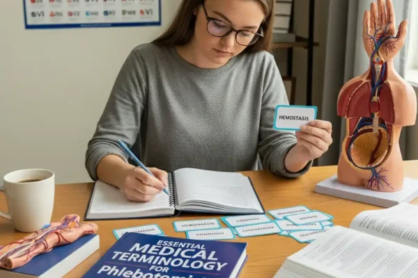 A focused student with glasses sits at a desk, surrounded by medical textbooks and flashcards, including one that reads 'Hemostasis.' An anatomical model of a human torso and a cup of coffee are also on the desk. This image represents the dedicated study required for phlebotomy.
