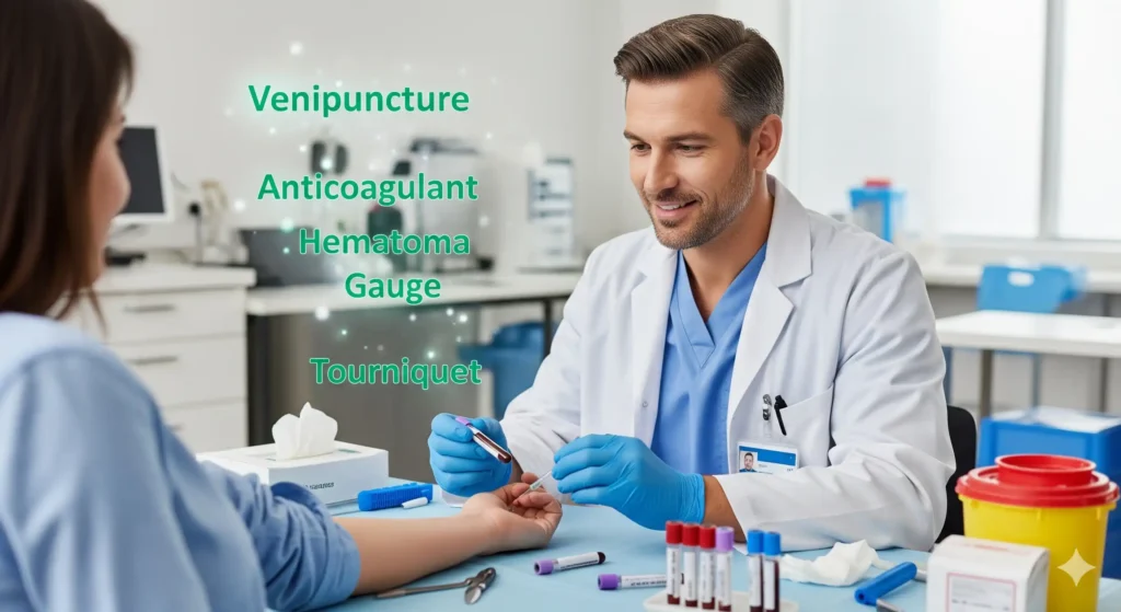 A male phlebotomist wearing scrubs and gloves is performing a blood draw on a female patient, with various medical tools like needles, tubes, and a tourniquet visible on a tray. The image highlights the precise nature of phlebotomy and the importance of using correct medical terminology.