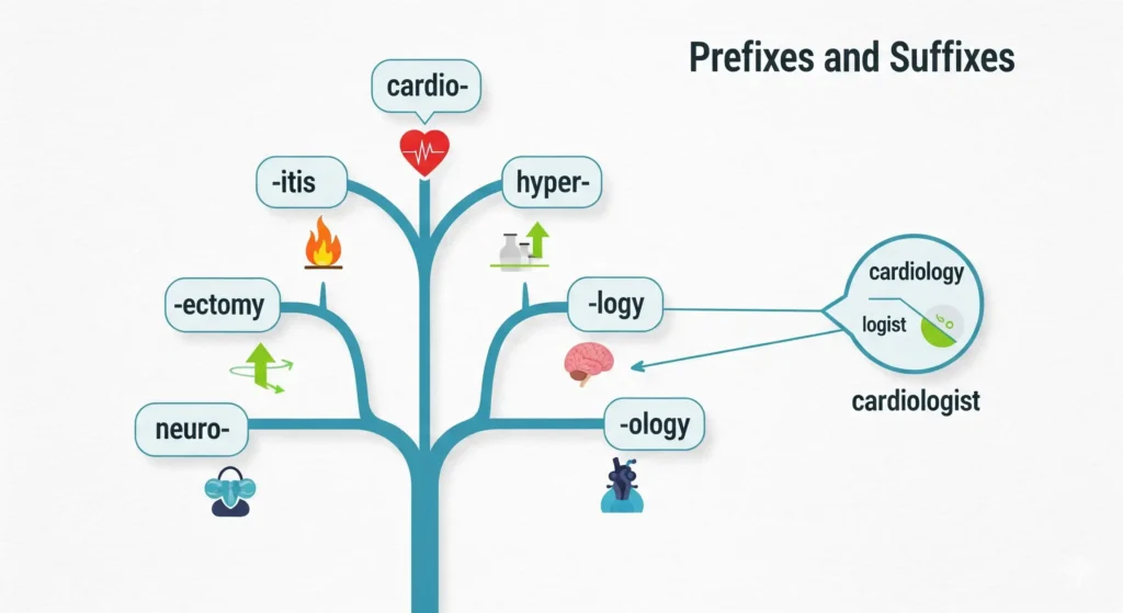 An infographic-style image that shows a branching tree or mind map with medical prefixes and suffixes. Key terms like 'cardio-', '-itis', 'neuro-', and '-ectomy' are displayed in bubbles with small, corresponding icons like a heart, a flame, and a brain. The image illustrates how these components combine to form complete medical words like 'cardiology' and 'cardiologist'.