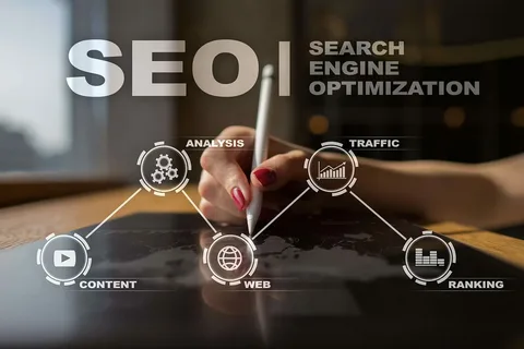 A girl's hand with pen on SEO icons